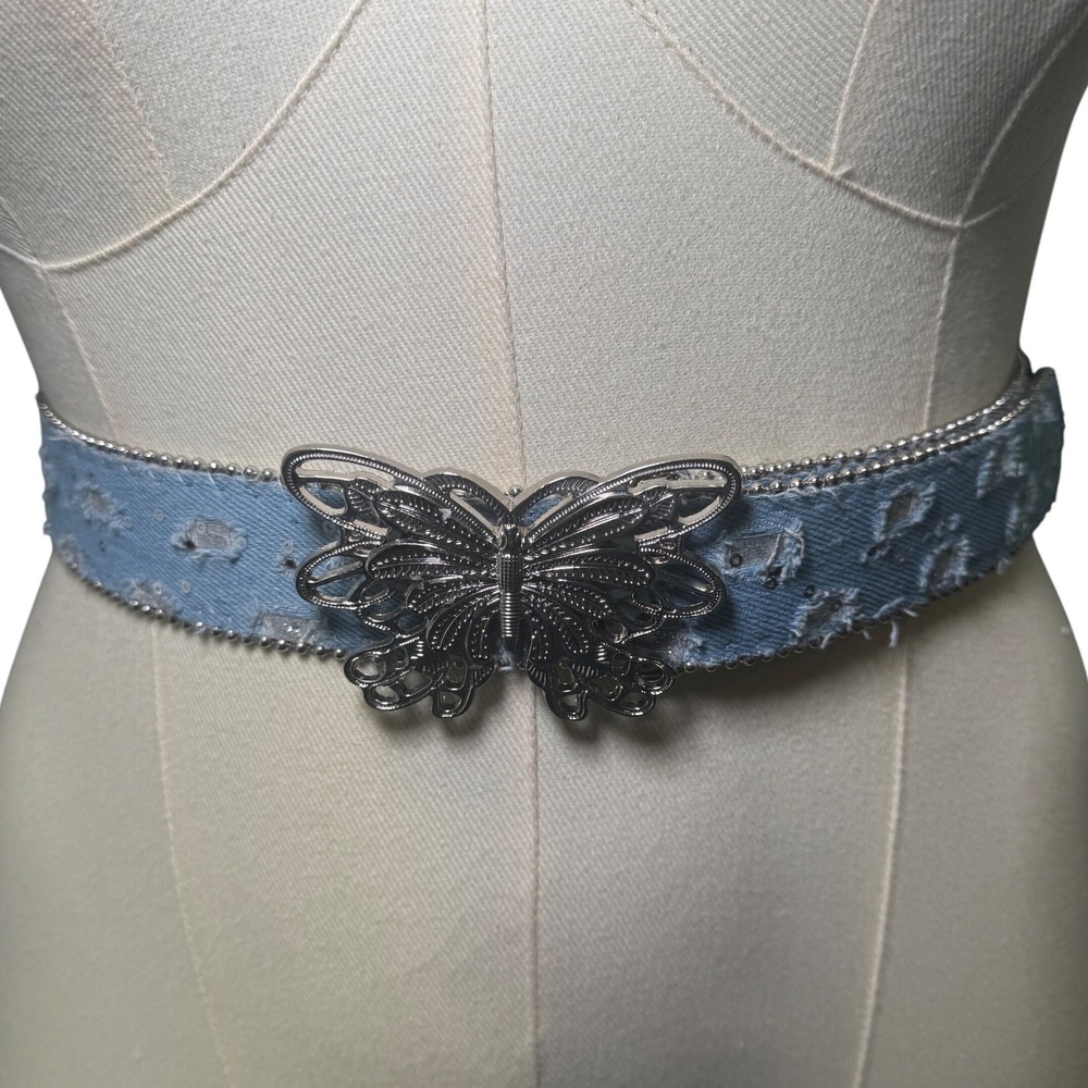 Vintage Y2K Distressed Denim Butterfly Buckle Belt Blue Sequin Ball Chain Trim